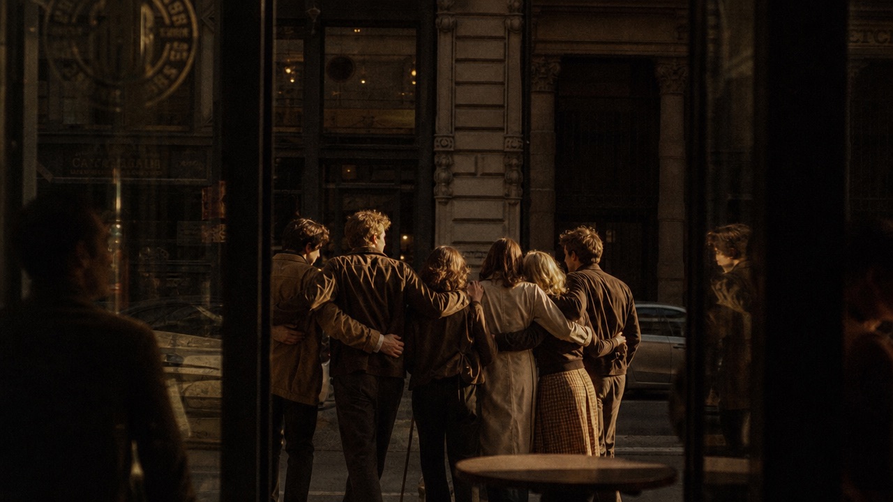 Friends gathered together, seen through a café window